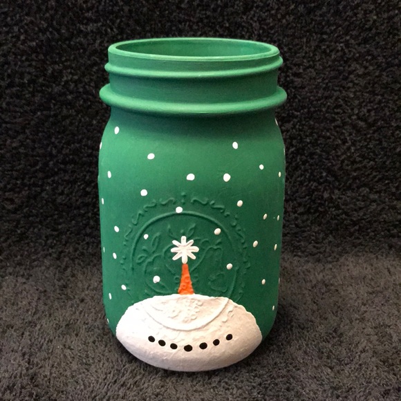 Hand Painted Ball Pint Mason Jar Snowman in Green - Picture 1 of 8